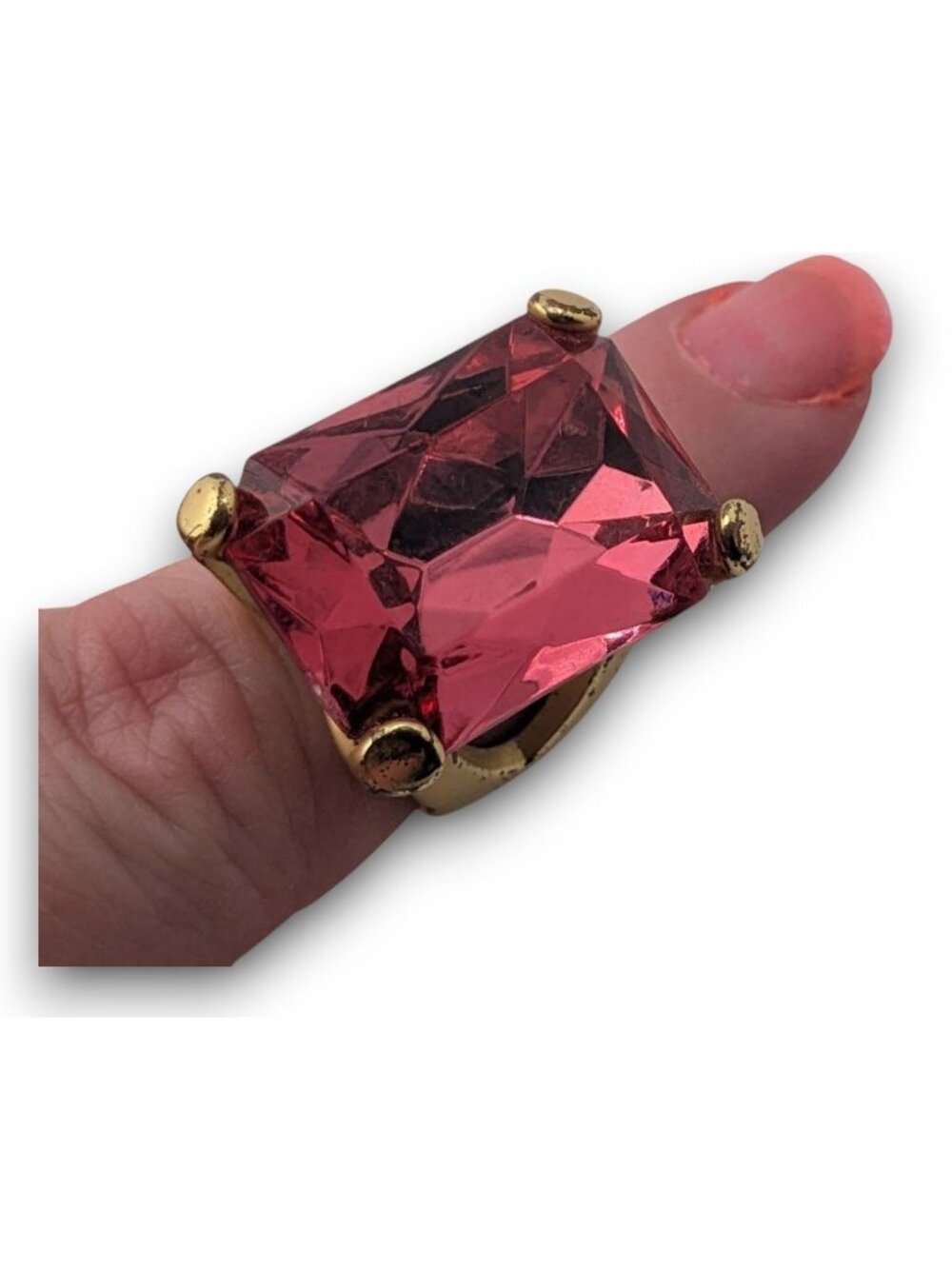 Vintage Glam Y2K Pink Crystal Gold Tone Oversized Cocktail Statement Ring